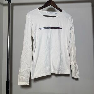 Tommy Hilfiger White Long Sleeve Tee with Sequence Design Size Large 100% Cotton